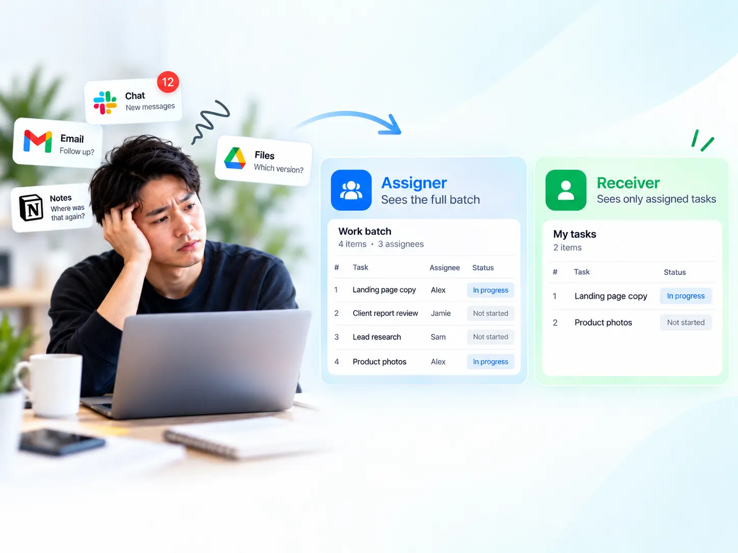 BatchBrief showing an Assigner view for the full batch and a Receiver view with only assigned tasks.